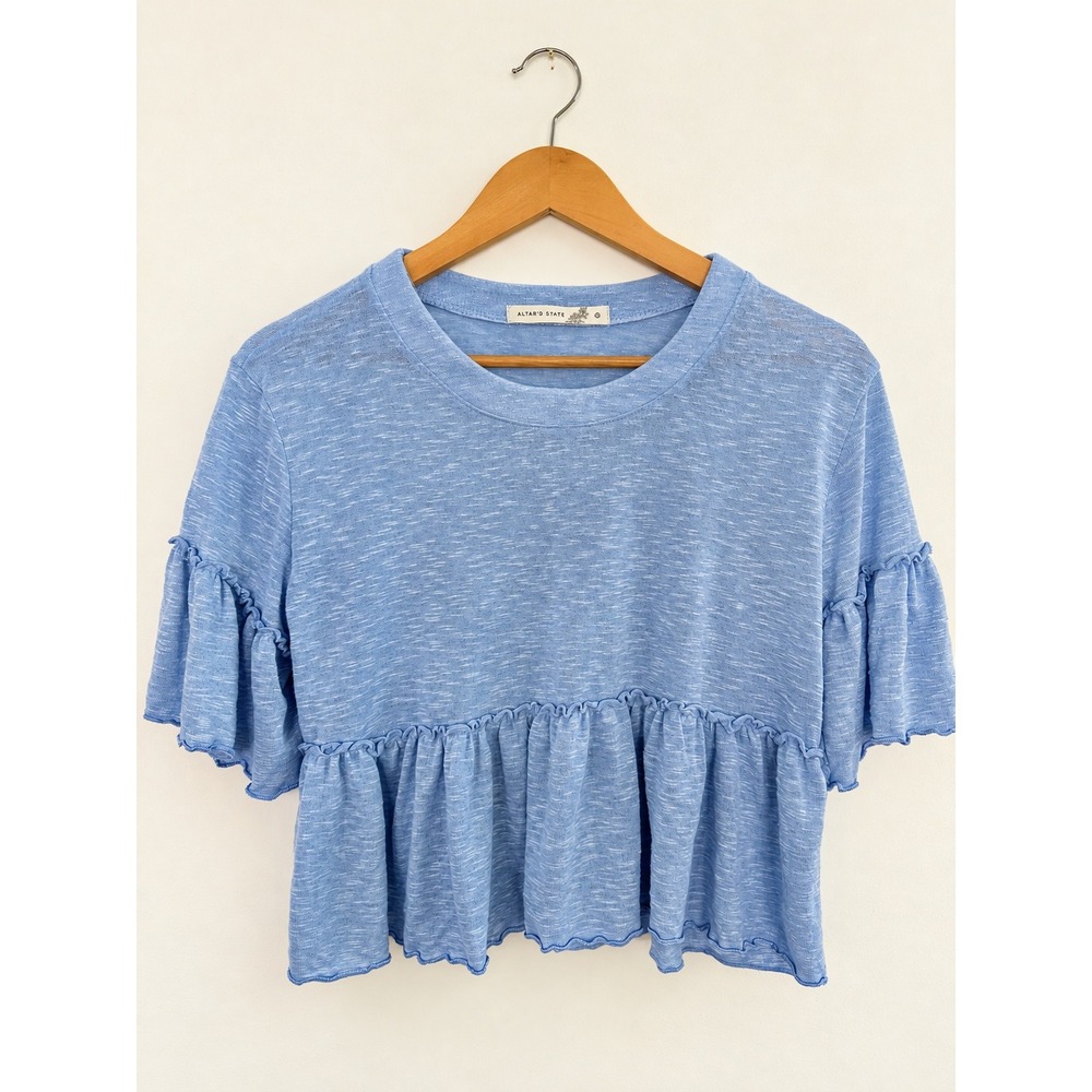 Altar'd State Blue Ruffle Sleeve Peplum Knit Top Size Medium